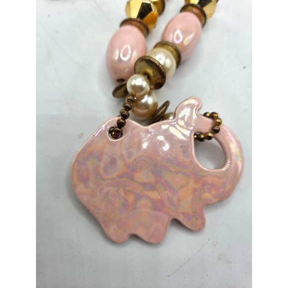 Vintage Pink Elephant Beaded Necklace With Faux Pearl & Gold Accents - Picture 2 of 3